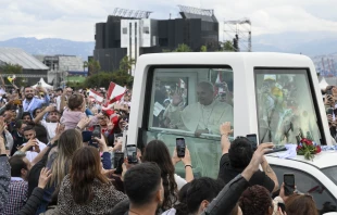 Pope Leo XIV interacts with a baby before celebrating Mass in Beirut, Lebanon, on Dec. 2, 2025. Credit: Vatican Media