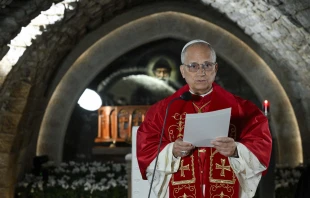 Pope Leo XIV reflects on the enduring message of St. Charbel Makhlouf at the hermit’s tomb at the Monastery of St. Maron in Annaya, Lebanon, on Dec. 1, 2025. Credit: Vatican Media