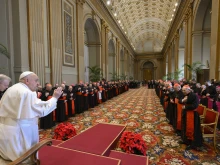 Pope Francis addresses cardinals and senior Vatican officials during his annual Christmas speech to the Roman Curia, Dec. 22, 2024