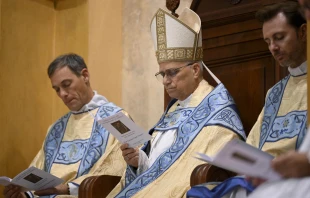 Pope Leo XIV joins the Australian community for evening prayer at Domus Australia Catholic Chapel in Rome on Monday, Oct. 6, 2025. Credit: Vatican Media