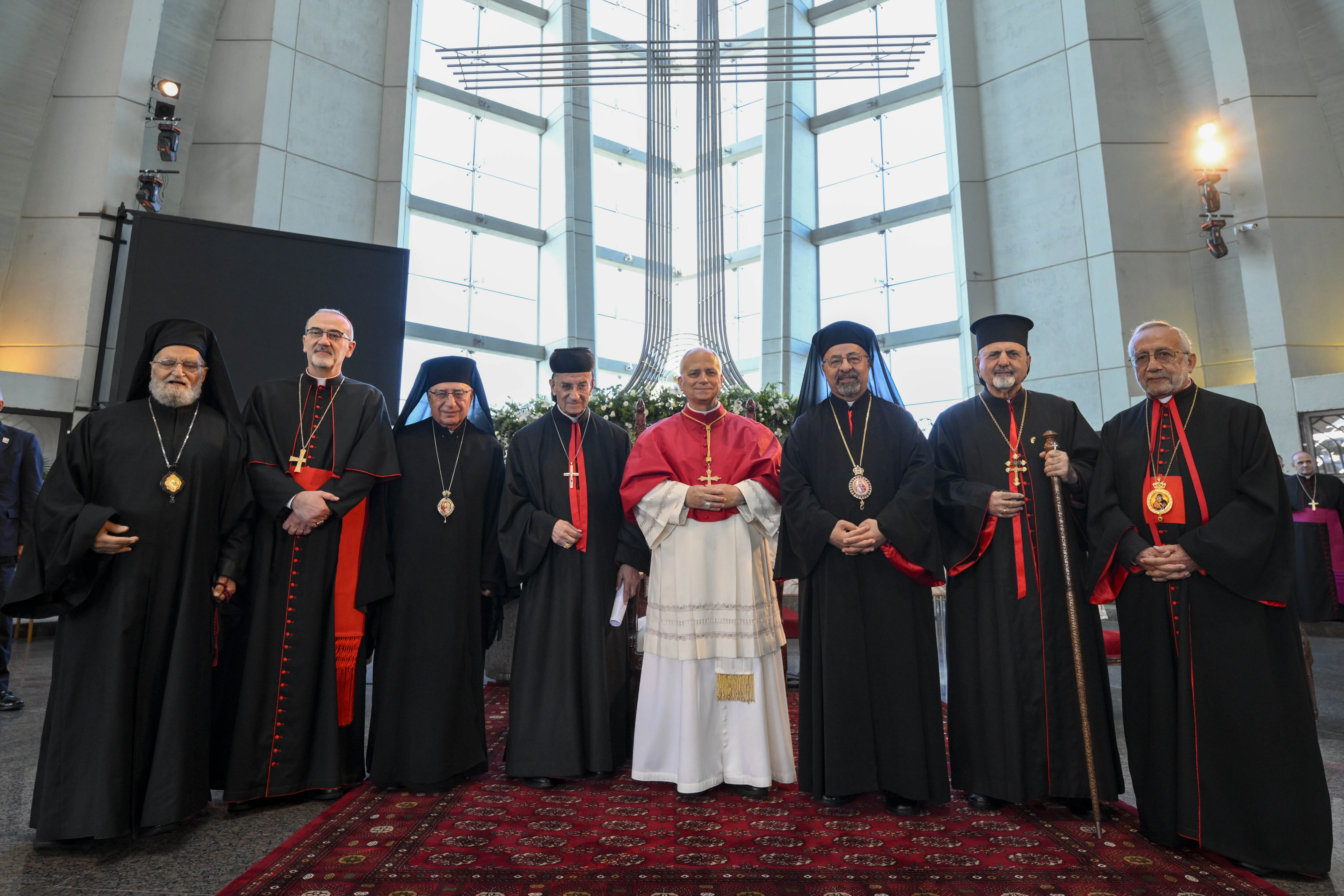 Pope Leo XIV poses for a photo with many of the patriarchs of the Eastern Catholic Churches sui iuris and the Latin Patriarch of Jerusalem Cardinal Pierbattista Pizzaballa (second from left) at the end of a meeting at the Shrine of Our Lady of Lebanon in Harissa, Lebanon, on Dec. 1, 2025. | Credit: Vatican Media.