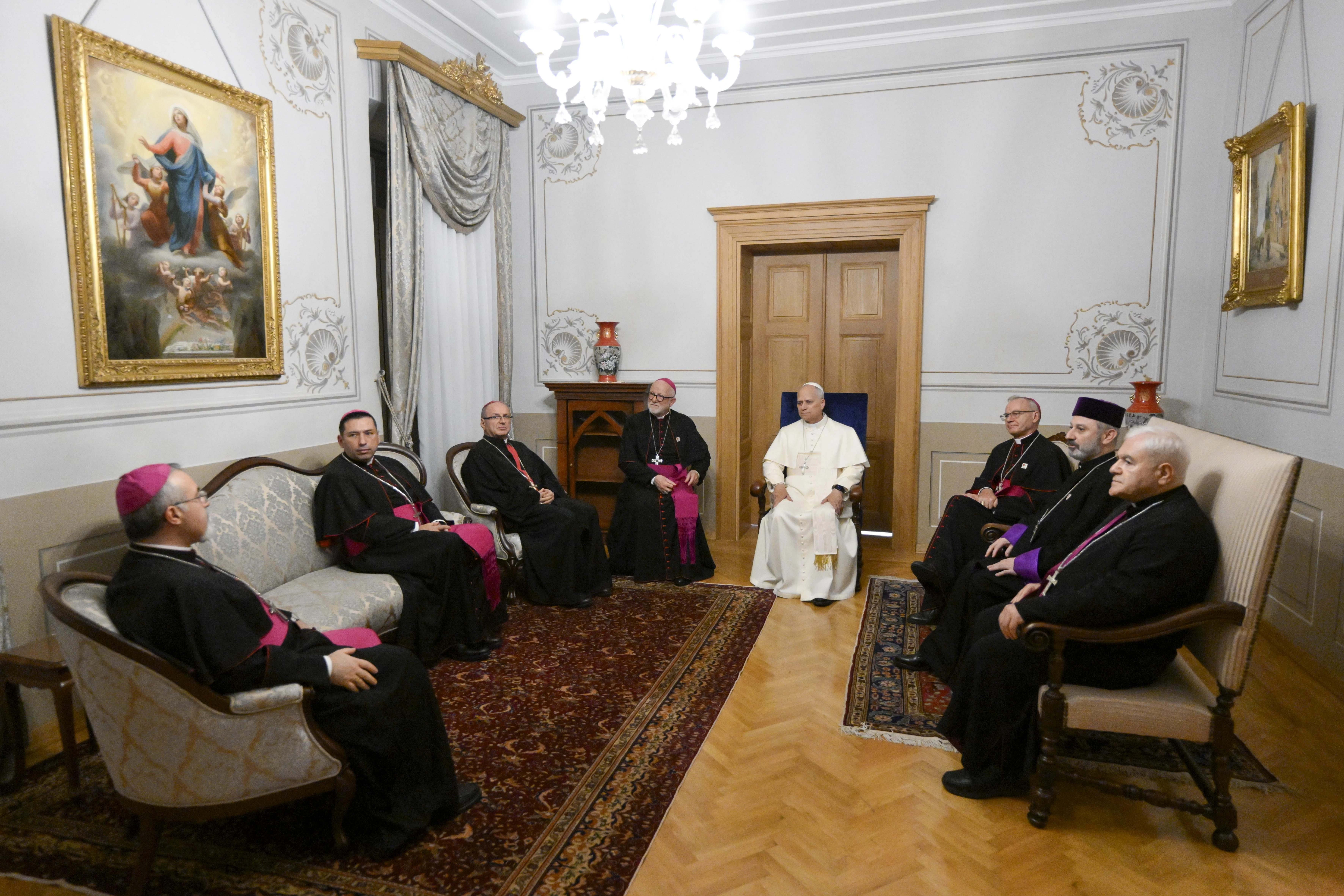 Pope Leo XIV meets with the Catholic bishops of Turkey at the Apostolic Delegation, where he is staying, in Istanbul, Turkey, on Nov. 28, 2025. | Credit: Vatican Media.