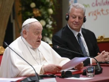 Pope Francis speaks at the Children’s Rights Summit on Feb. 3, 2025, at the Vatican.