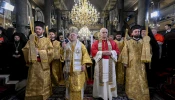 Pope Leo XIV attends a Divine Liturgy celebrated by Ecumenical Patriarch Bartholomew I (left) at the Orthodox Patriarchal Church of Saint George in Istanbul, Turkey, on Nov. 30, 2025.