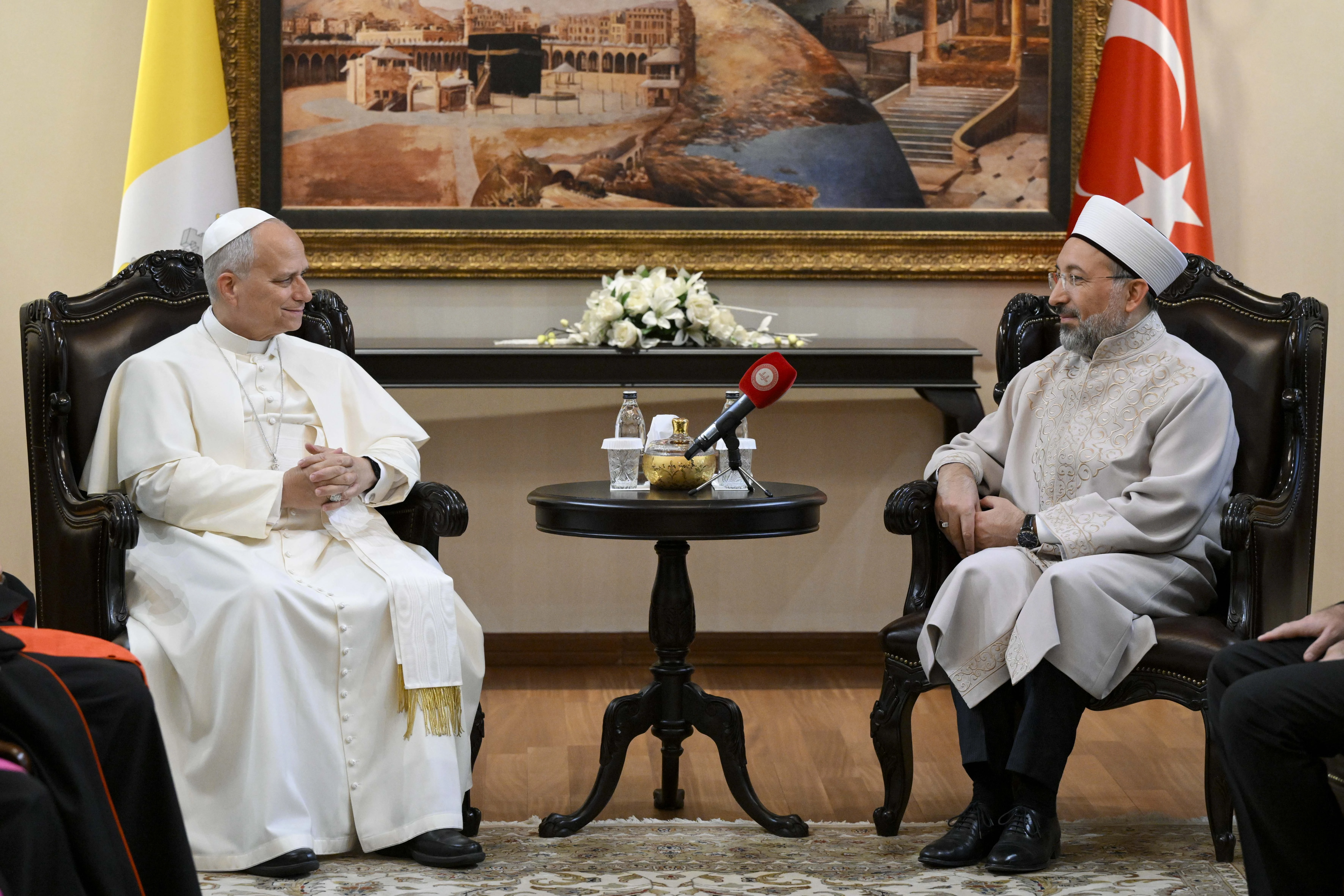 Pope Leo XIV meets the head of Turkey’s Presidency of Religious Affairs (Diyanet), Safi Arpaguş, at the directorate’s headquarters in Ankara, Turkey, on Nov. 27, 2025. | Credit: Vatican Media.