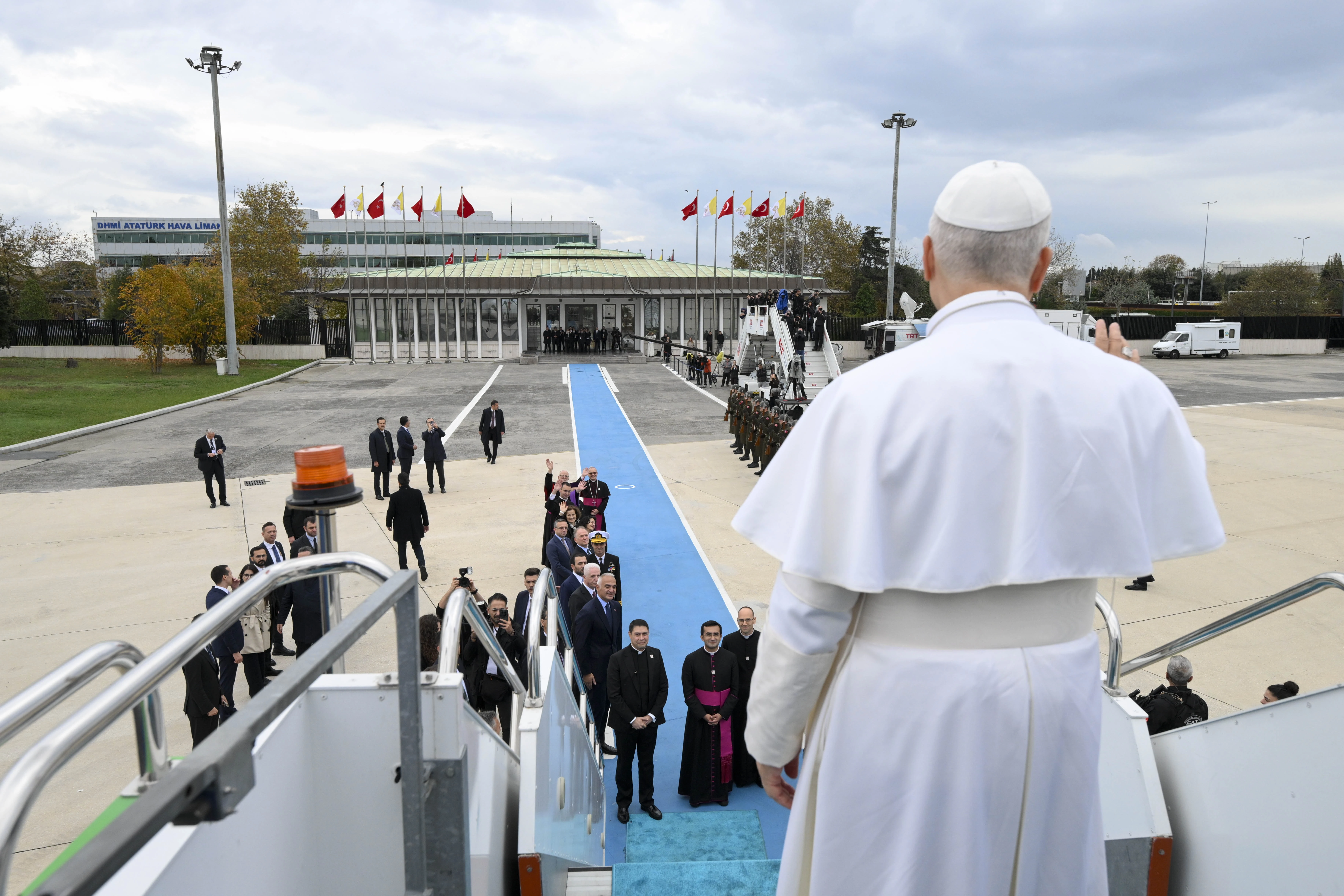 Pope Leo XIV waves from the papal plane shortly before departing from Istanbul, Turkey, to fly to Beirut, Lebanon, on Nov. 30, 2025. | Credit: Vatican Media.