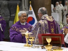 Cardinal Lazzaro You Heung-sik, prefect of Dicastery for the Clergy, and Vatican Secretary of State Cardinal Pietro Parolin celebrate Mass on Dec. 11, 2023, to mark the 60th anniversary of diplomatic relations between the Holy See and the Republic of Korea.