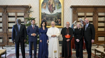 Pope Leo XIV meets with the committee that chooses recipients of the Zayed Award for Human Fraternity at the Vatican on Dec. 11, 2025.