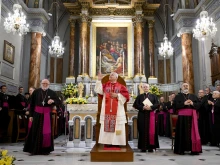 Pope Leo XIV addresses bishops, priests, religious, pastoral workers, and laypeople at the Cathedral of the Holy Spirit in Istanbul, Turkey, on Nov. 28, 2025.