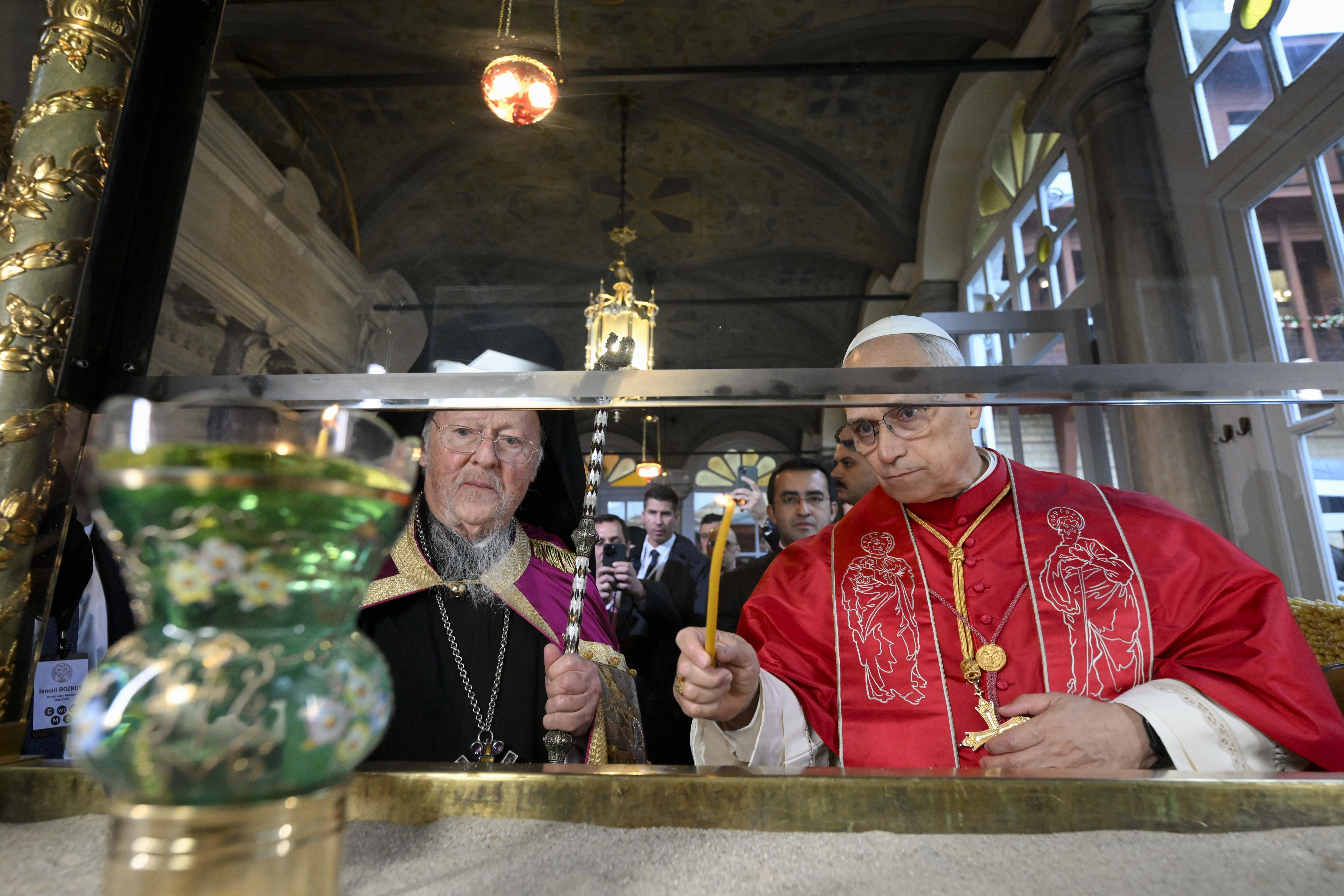 Pope Leo XIV and Ecumenical Patriarch Bartholomew I light a candle together at the Patriarchal Church of St. George in Istanbul, Turkey, on Nov. 29, 2025. | Credit: Vatican Media.