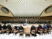 Pope Leo XIV listens to reports from seven representatives around the world about the implementation of synodality on their continents during the jubilee of synodal teams and participatory bodies at the Vatican on Oct. 24, 2025.
