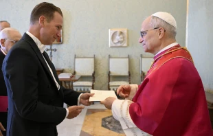 Brian Burch, the new U.S. ambassador to the Holy See, presents his credentials to Pope Leo XIV in the Vatican’s Apostolic Palace on Sept. 13, 2025. Credit: Vatican Media