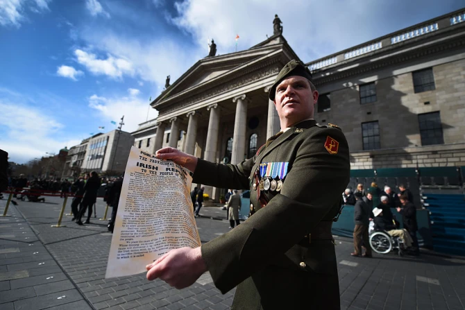 Soldier holding proclamation Easter Rising
