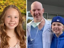 Annunciation School shooting survivor Sophia Forchas in a photo before the incident and then posing with neurosurgeon Dr. Walt Galicich at Gillette Children’s Hospital in Minneapolis on a very happy day as she goes home to be with her family on Oct. 23, 2025.