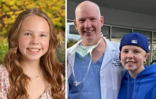 Annunciation School shooting survivor Sophia Forchas in a photo before the incident and then posing with neurosurgeon Dr. Walt Galicich at Gillette Children’s Hospital in Minneapolis on a very happy day as she goes home to be with her family on Oct. 23, 2025. Credit: Photo courtesy of the Forchas family