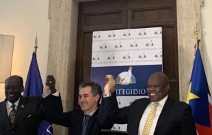 Barnaba Marial Benjamin of South Sudan, Paolo Impagliazzo of Sant'Egidio, and Pa’gan Amum Okiech, Interim Chairman of Sudan People’s Liberation Movement.   Courtney Mares