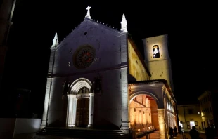 The outside of the reconstructed Basilica of St. Benedict in Norcia, Italy, is lit up with lights in celebration of its reopening on Oct. 30, 2025. Credit: Archdiocese of Spoleto-Norcia