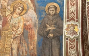 A 13th-century fresco of St. Francis of Assisi by the Florentine painter Cimabue, one of the earliest depictions of the saint, is located in the lower church of the Basilica of St. Francis of Assisi in Assisi, Italy.  Credit: Jacob Stein/Crux Stationalis