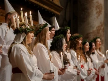 Students from Nordiska Musikgymnasiet — The Nordic Music High School — in Stockholm perform traditional Swedish “Lucia songs” during an afternoon Mass in St. Peter’s Basilica on Dec. 11, 2025.