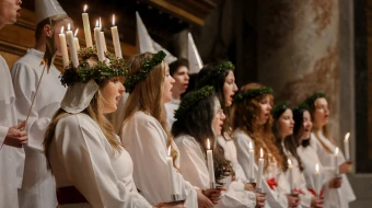 Students from Nordiska Musikgymnasiet — The Nordic Music High School — in Stockholm perform traditional Swedish “Lucia songs” during an afternoon Mass in St. Peter’s Basilica on Dec. 11, 2025.
