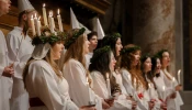 Students from Nordiska Musikgymnasiet — The Nordic Music High School — in Stockholm perform traditional Swedish “Lucia songs” during an afternoon Mass in St. Peter’s Basilica on Dec. 11, 2025.