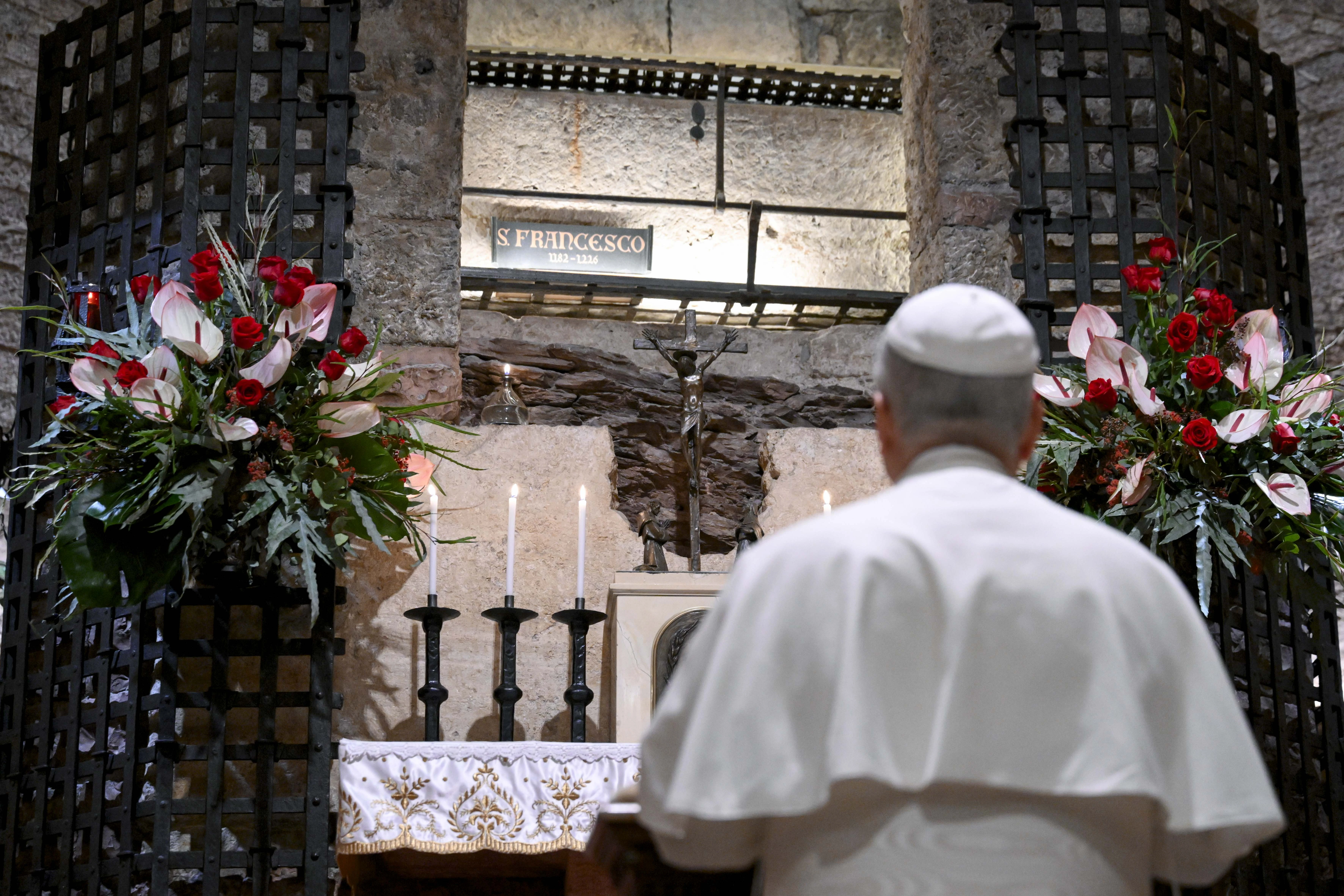 Pope Leo XIV prays at tomb of St. Francis of Assisi