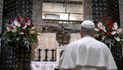 Pope Leo XIV visits the tomb of St. Francis in Assisi, Italy, on Nov. 20, 2025.