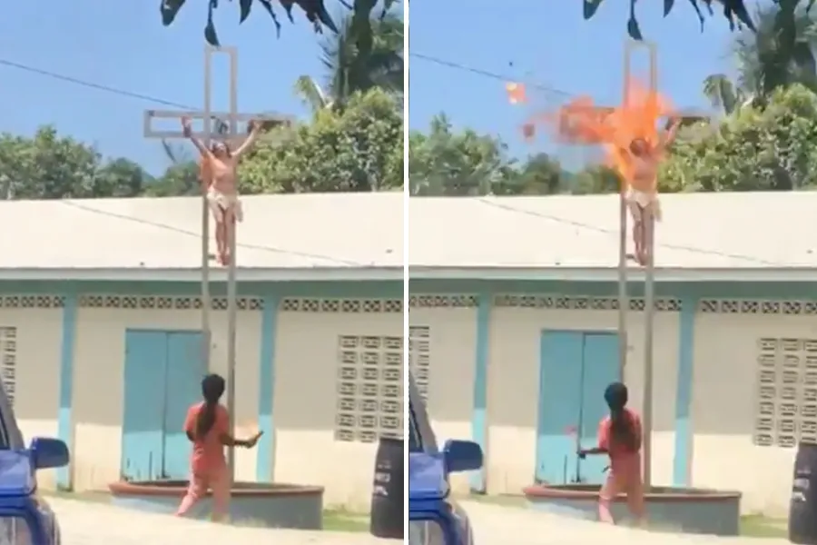 A man sets fire to a crucifix outside a church in St. Lucia. ?w=200&h=150