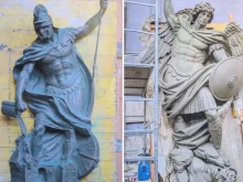 Statues of St. Florian (at left) and St. Michael the Archangel (at right) are currently barred from appearing on the planned public safety building of Quincy, Massachusetts.