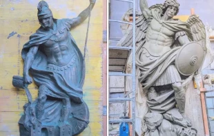 Statues of St. Florian (at left) and St. Michael the Archangel (at right) are currently barred from appearing on the planned public safety building of Quincy, Massachusetts. Credit: Courtesy of Office of Mayor Thomas Koch