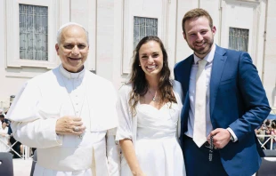 Newlyweds Anna and Cole Stevens meet Pope Leo XIV at the general audience in Rome on Wednesday, June 11, 2025. Credit: Courtesy of Anna and Cole Stevens