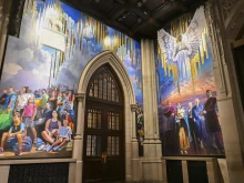 A new mural painted by artist Adam Cvijanovic, the south and west panels seen here, was unveiled at St. Patrick’s Cathedral on Wednesday, Sept. 17, 2025, in New York. The mural, which is the largest permanent artwork commissioned for the cathedral in its 146-year history, celebrates the 1879 Apparition at Knock, Ireland, the faith of generations of immigrants to New York, and the service of New York City’s first responders.