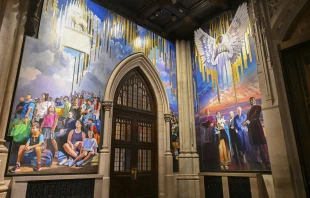 A new mural painted by artist Adam Cvijanovic, the south and west panels seen here, was unveiled at St. Patrick’s Cathedral on Wednesday, Sept. 17, 2025, in New York. The mural, which is the largest permanent artwork commissioned for the cathedral in its 146-year history, celebrates the 1879 Apparition at Knock, Ireland, the faith of generations of immigrants to New York, and the service of New York City’s first responders. Credit: Diane Bondareff/AP Content Services for the Archdiocese of New York