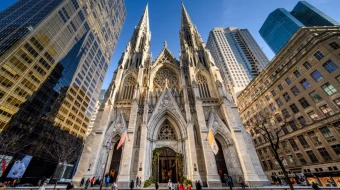A view of St. Patrick’s Cathedral near Rockefeller Center in Manhattan on Feb. 2, 2023, in New York City. The cathedral was completed in 1878 the Gothic Revival style by architect James Renwick Jr.