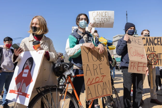 A demonstration in favor of student debt forgiveneness near Grand Army Plaza in Brooklyn, April 3, 2021.