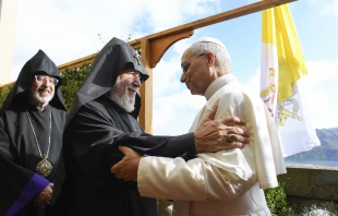 Pope Leo XIV meets with Catholicos Karekin II, the patriarch of the Armenian Apostolic Church, at Villa Barberini, the papal residence overlooking Lake Albano in Castel Gandolfo, Italy on Tuesday, Sept. 16, 2025. Credit: Vatican Media