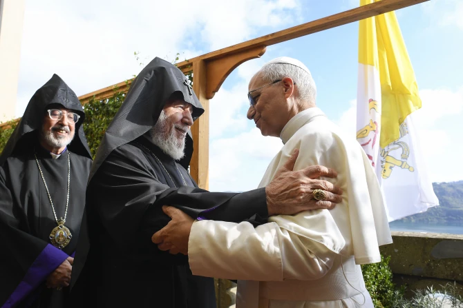 Pope Leo XIV meets with Catholicos Karekin II, the patriarch of the Armenian Apostolic Church, at Villa Barberini, the papal residence overlooking Lake Albano in Castel Gandolfo, Italy.