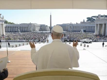 Pope Leo XIV addresses a crowd during a jubilee audience in St. Peter’s Square at the Vatican, Saturday, Sept. 6, 2025.