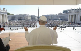 Pope Leo XIV addresses a crowd during a jubilee audience in St. Peter’s Square at the Vatican, Saturday, Sept. 6, 2025. Credit: Vatican Media