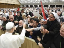 Pope Leo XIV greets men and women religious during an audience for the Jubilee of Consecrated Life in the Vatican’s Paul VI Hall on Oct. 10, 2025.