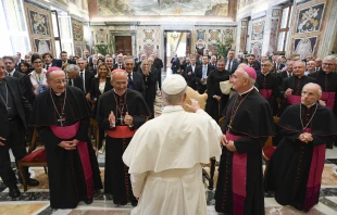 Pope Leo XIV greets participants in a seminar organized by the Pontifical Academy of Theology on Sept. 13, 2025, at the Vatican. Credit: Vatican Media