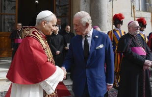 Pope Leo XIV and King Charles III meet before their prayer together in the Sistine Chapel during a historic meeting at the Vatican on Thursday, Oct. 23, 2025. Credit: Vatican Media