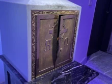 The tabernacle damaged by burglars at St. Monica’s in Santa Monica, Calif.