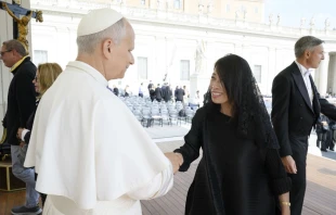 Teresa Lai greets Pope Leo XIV after the general audience in St. Peter’s Square at the Vatican on Wednesday, Oct. 15, 2025. Credit: Vatican Media