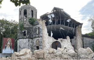 The centuries-old Archdiocesan Shrine of Santa Rosa de Lima in Daanbantayan is partially damaged following the 6.9-magnitude earthquake that struck Cebu, Central Philippines, Friday, Oct. 3, 2025. Credit: Santosh Digal
