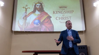 Aidan Gallagher, director of EWTN Ireland, speaks at the premiere of “The Kingship of Christ” at the Vatican on Nov. 18, 2025.