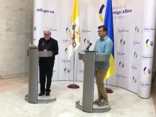 Archbishop Paul Gallagher meets with Ukrainian Foreign Minister Dmytro Kuleba in Kyiv on May 20.