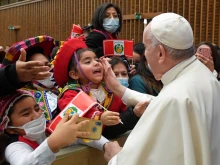 Pope Francis meets a delegation of people who donated the Christmas tree and the nativity scene in St. Peter’s Square and the Paul VI Hall at the Vatican, Dec. 10, 2021.