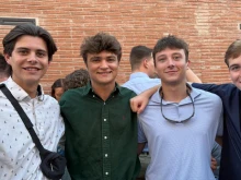 Students from the University of Dallas’ Rome semester (left to right: Thomas DeReuil, Eugene Keating, and Jonathan Tindall) attended the canonization of Carlo Acutis and Pier Giorgio Frassati in St. Peter’s Square on Sept. 7, 2025.