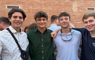Students from the University of Dallas’ Rome semester (left to right: Thomas DeReuil, Eugene Keating, and Jonathan Tindall) attended the canonization of Carlo Acutis and Pier Giorgio Frassati in St. Peter’s Square on Sept. 7, 2025. Credit: Victoria Cardiel/EWTN News